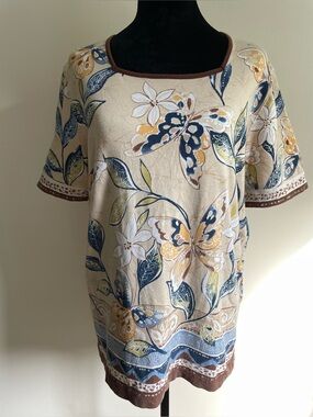 Alfred Dunner Butterfly Floral Print Cotton Blend Top Size M Square Neck